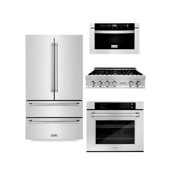 ZLINE Kitchen Package with Refrigeration, 36" Stainless Steel Rangetop, 30" Single Wall Oven, 30" Microwave Oven