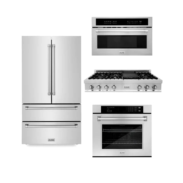 ZLINE Kitchen Package with Refrigeration, 48" Stainless Steel Rangetop, 30" Single Wall Oven, 30" Microwave Oven