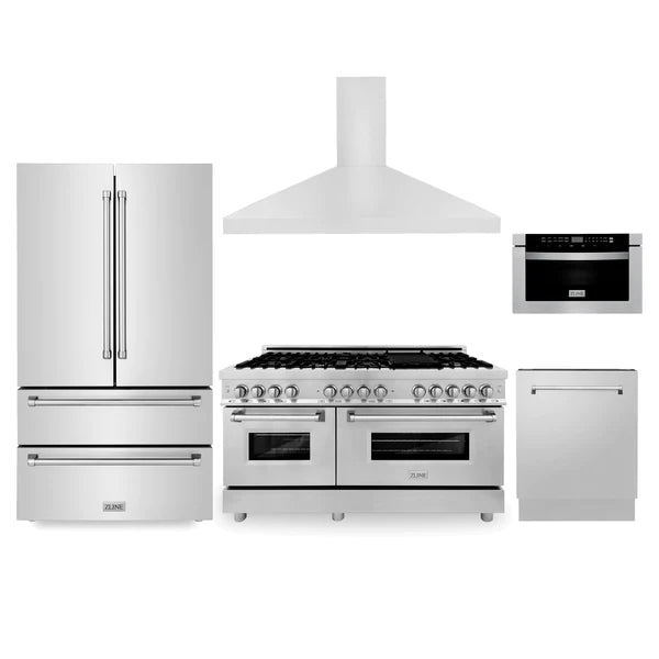 ZLINE Kitchen Package with Refrigeration, 60" Stainless Steel Dual Fuel Range, 60" Range Hood, Microwave Drawer, and 24" Tall Tub Dishwasher