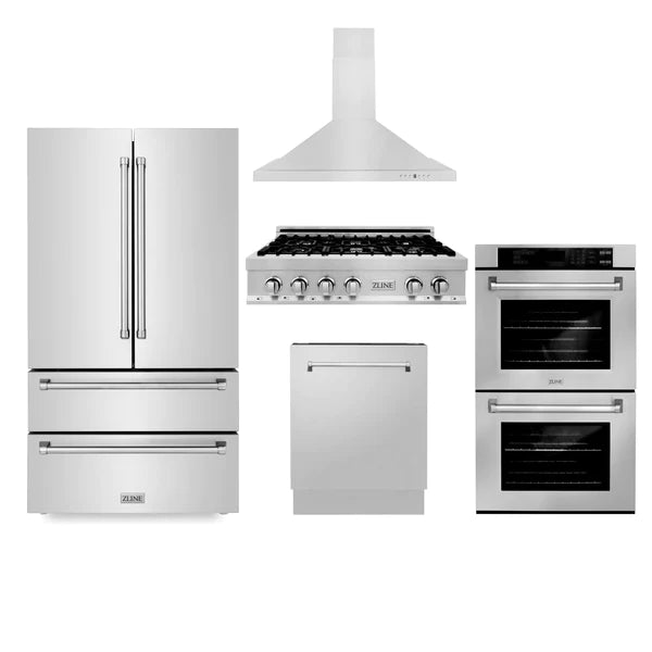 ZLINE Kitchen Package with Refrigeration, 36" Stainless Steel Rangetop, 36" Range Hood, 30" Double Wall Oven and 24" Tall Tub Dishwasher