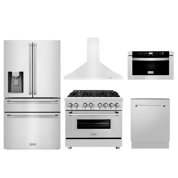 ZLINE Kitchen Package with Water and Ice Dispenser Refrigerator, 36" Dual Fuel Range, 36" Range Hood, Microwave Drawer, and 24" Tall Tub Dishwasher