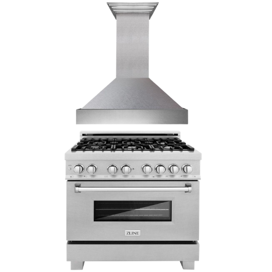 ZLINE 36" Kitchen Package with DuraSnow® Stainless Steel Dual Fuel Range and Convertible Vent Range Hood