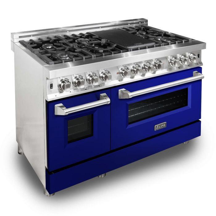 ZLINE 48" Kitchen Package with Stainless Steel Dual Fuel Range with Blue Gloss Door and Convertible Vent Range Hood
