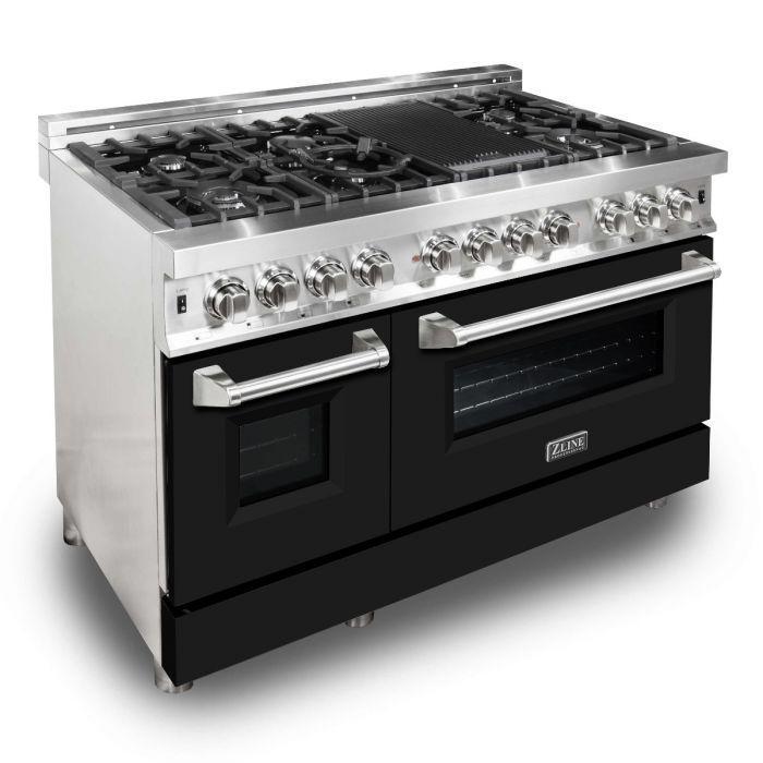 ZLINE 48" Kitchen Package with Stainless Steel Dual Fuel Range with Black Matte Door and Convertible Vent Range Hood