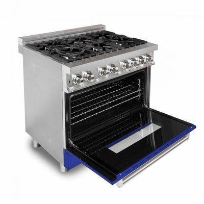 ZLINE 36" Kitchen Package with Stainless Steel Dual Fuel Range with Blue Matte Door and Convertible Vent Range Hood