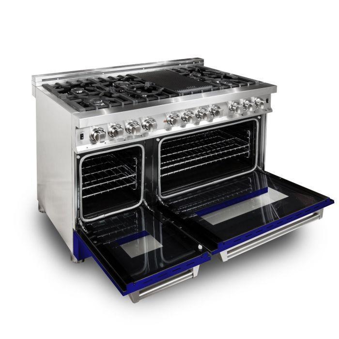 ZLINE 48" Kitchen Package with Stainless Steel Dual Fuel Range with Blue Matte Door and Convertible Vent Range Hood