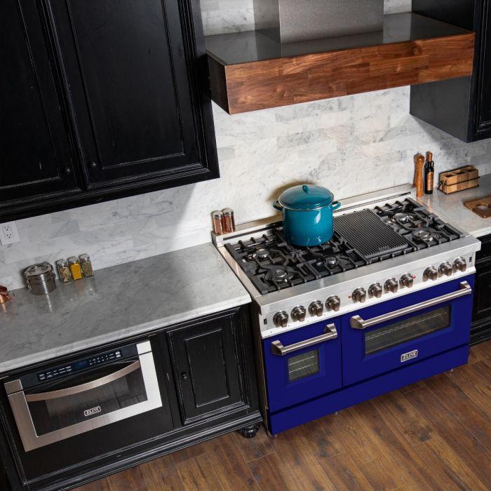 ZLINE 48" Kitchen Package with Stainless Steel Dual Fuel Range with Blue Matte Door and Convertible Vent Range Hood