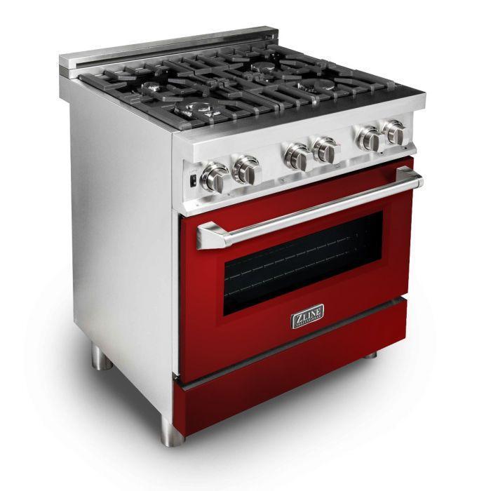 ZLINE 30" Kitchen Package with Stainless Steel Dual Fuel Range with Red Gloss Door and Convertible Vent Range Hood