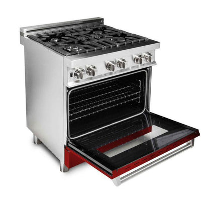 ZLINE 30" Kitchen Package with Stainless Steel Dual Fuel Range with Red Gloss Door and Convertible Vent Range Hood
