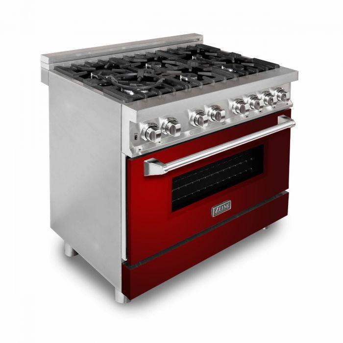 ZLINE 36" Kitchen Package with Stainless Steel Dual Fuel Range with Red Gloss Door and Convertible Vent Range Hood