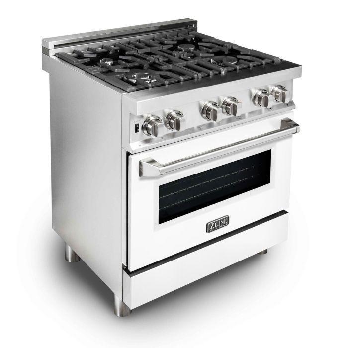 ZLINE 30" Kitchen Package with Stainless Steel Dual Fuel Range with Whiite Matte Door and Convertible Vent Range Hood