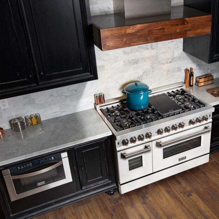 ZLINE 48" Kitchen Package with Stainless Steel Dual Fuel Range with Whiite Matte Door and Convertible Vent Range Hood