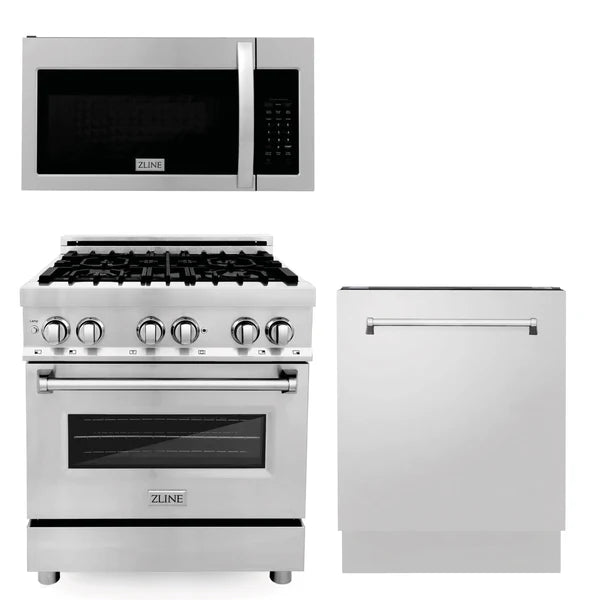 ZLINE 30" Kitchen Package with Stainless Steel Dual Fuel Range, Modern Over The Range Microwave and Dishwasher