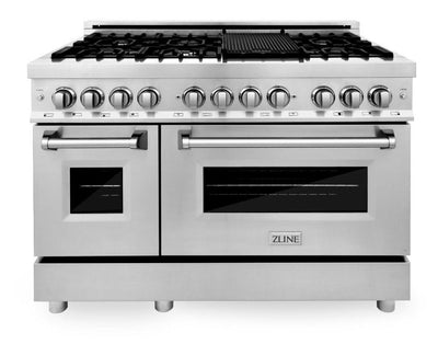 ZLINE 48" Kitchen Package with Stainless Steel Dual Fuel Range, Range Hood, Microwave Drawer and Dishwasher
