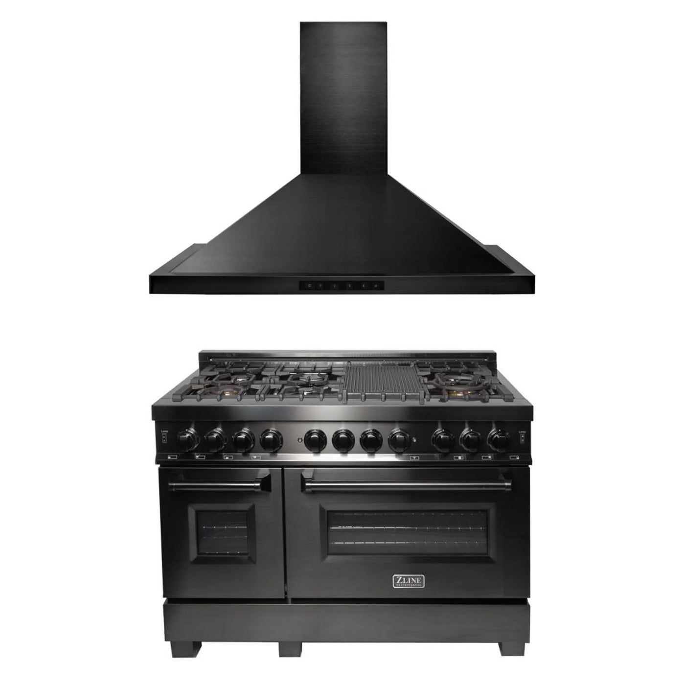 ZLINE 48" Kitchen Package with Black Stainless Steel Dual Fuel Range and Convertible Vent Range Hood