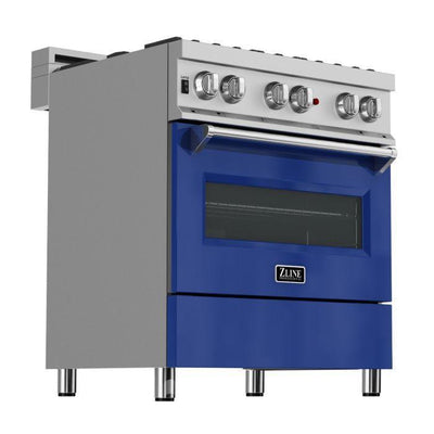 ZLINE 30" Kitchen Package with DuraSnow® Stainless Steel Dual Fuel Range with Blue Gloss Door and Convertible Vent Range Hood