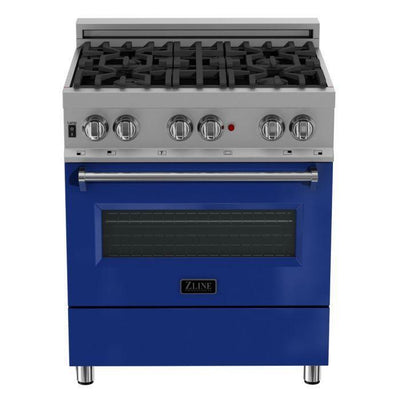 ZLINE 30" Kitchen Package with DuraSnow® Stainless Steel Dual Fuel Range with Blue Gloss Door and Convertible Vent Range Hood