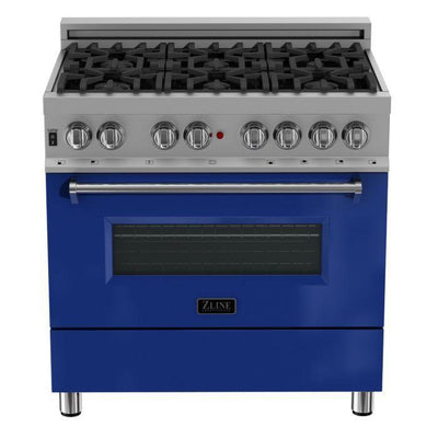 ZLINE 36" Kitchen Package with DuraSnow® Stainless Steel Dual Fuel Range with Blue Gloss Door and Convertible Vent Range Hood