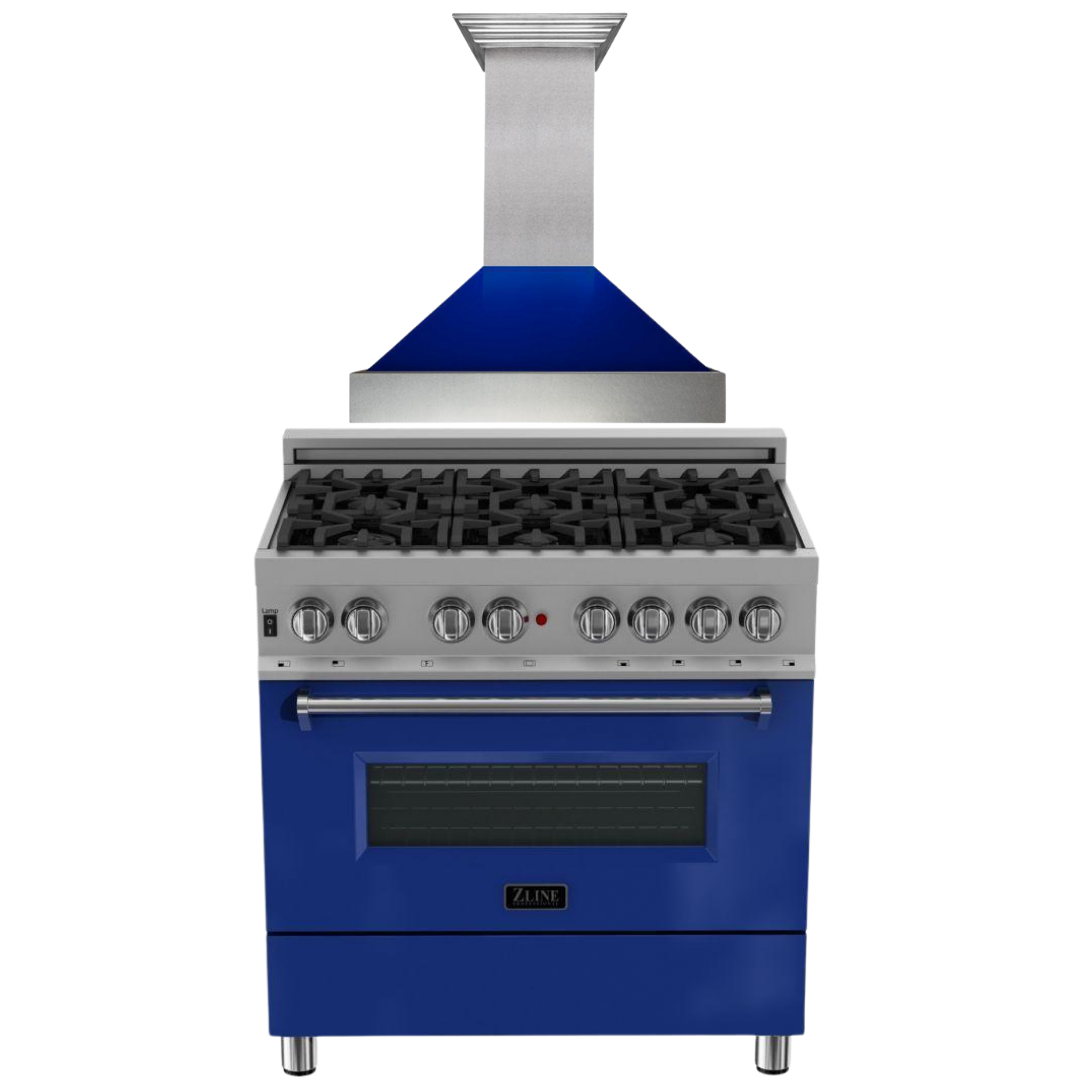 ZLINE 36" Kitchen Package with DuraSnow® Stainless Steel Dual Fuel Range with Blue Gloss Door and Convertible Vent Range Hood