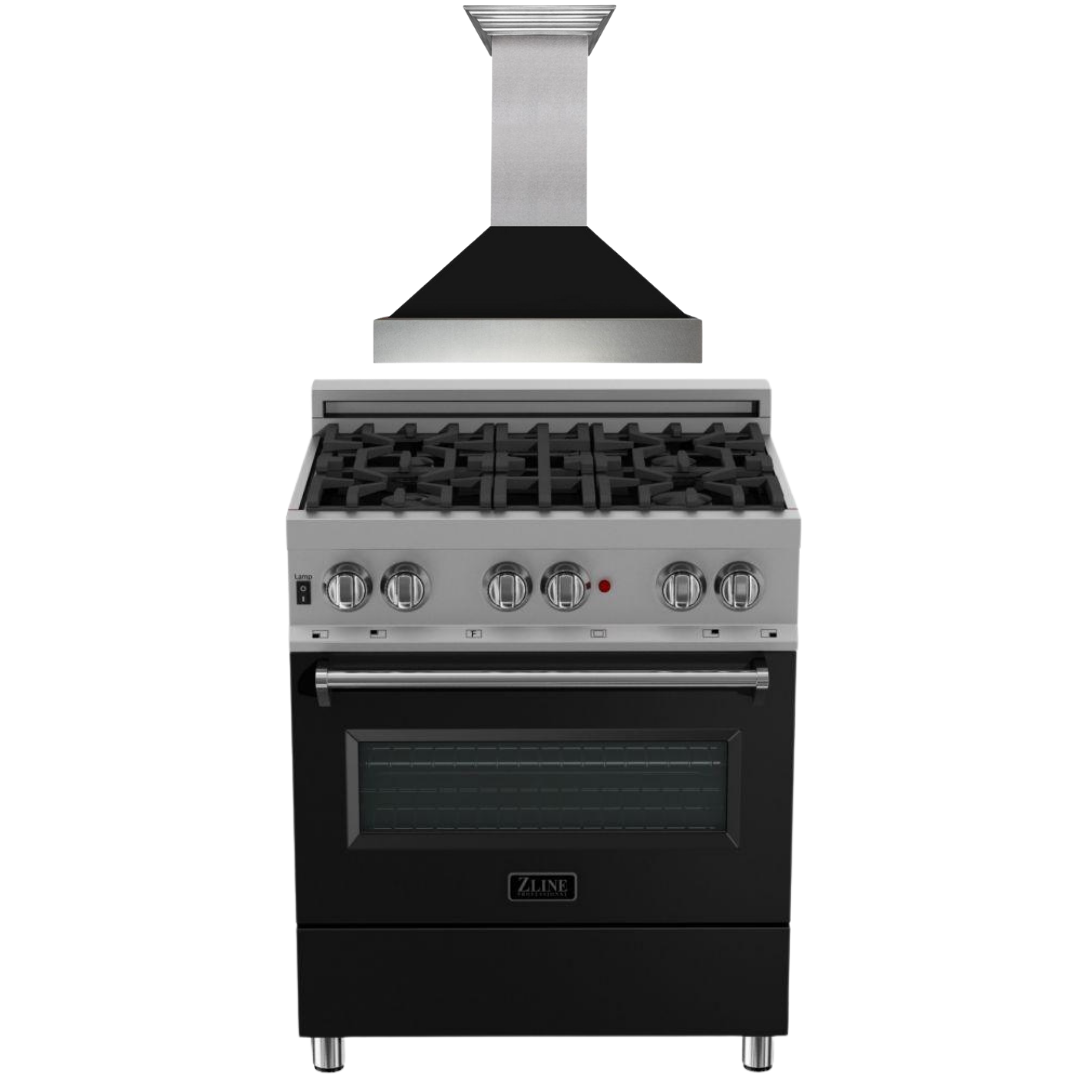 ZLINE 30" Kitchen Package with DuraSnow® Stainless Steel Dual Fuel Range with Black Matte Door and Convertible Vent Range Hood