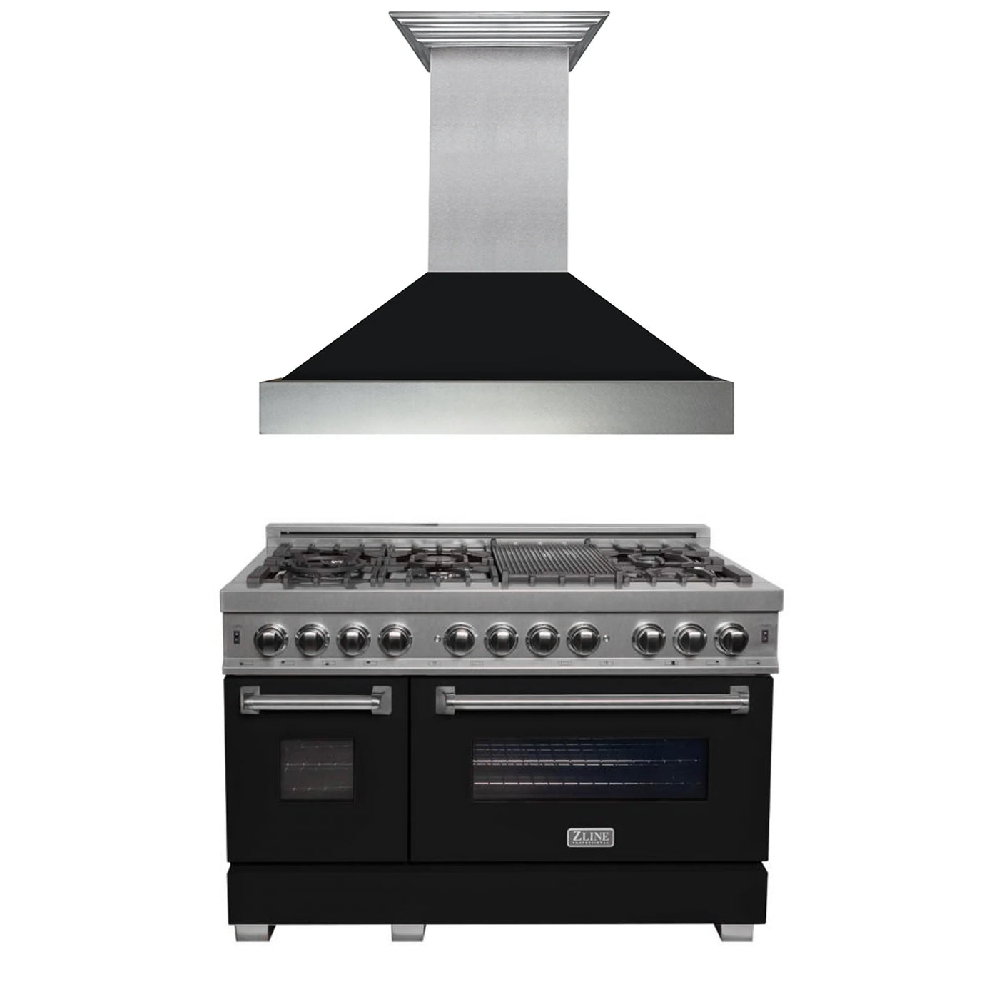 ZLINE 48" Kitchen Package with DuraSnow® Stainless Steel Dual Fuel Range with Black Matte Door and Convertible Vent Range Hood