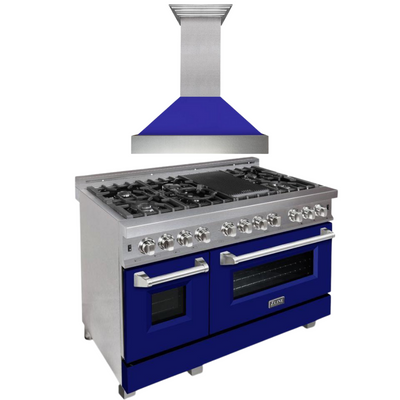 ZLINE 48" Kitchen Package with DuraSnow® Stainless Steel Dual Fuel Range with Blue Matte Door and Convertible Vent Range Hood