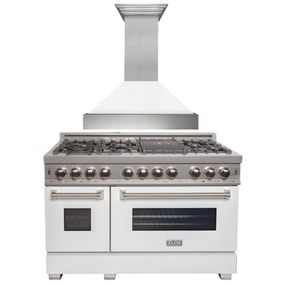ZLINE 48" Kitchen Package with DuraSnow® Stainless Steel Dual Fuel Range with White Matte Door and Convertible Vent Range Hood