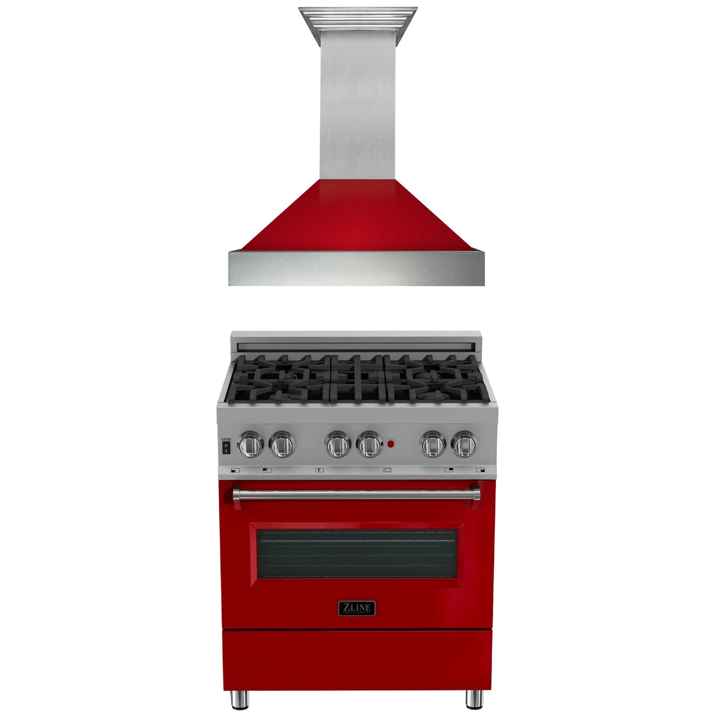 ZLINE 30" Kitchen Package with DuraSnow® Stainless Steel Dual Fuel Range with Red Gloss Door and Convertible Vent Range Hood