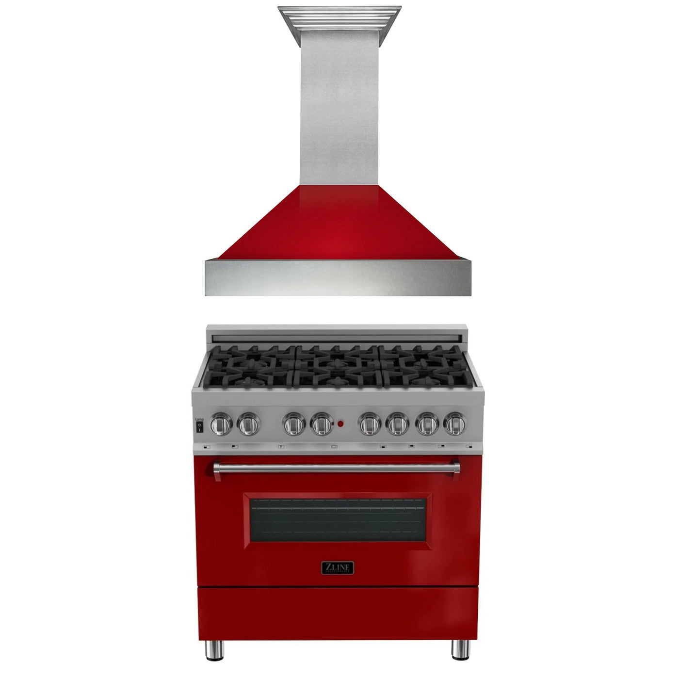 ZLINE 36" Kitchen Package with DuraSnow® Stainless Steel Dual Fuel Range with Red Gloss Door and Convertible Vent Range Hood