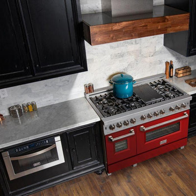 ZLINE 48" Kitchen Package with DuraSnow® Stainless Steel Dual Fuel Range with Red Gloss Door and Convertible Vent Range Hood
