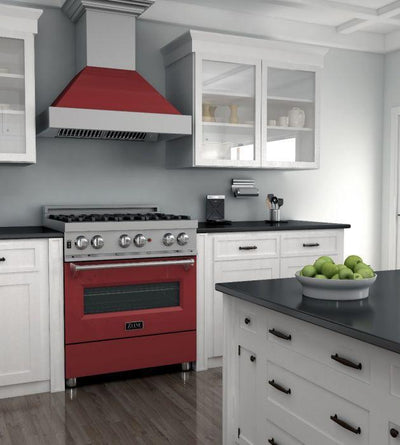 ZLINE 30" Kitchen Package with DuraSnow® Stainless Steel Dual Fuel Range with Red Matte Door and Convertible Vent Range Hood