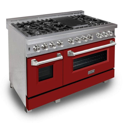 ZLINE 48" Kitchen Package with DuraSnow® Stainless Steel Dual Fuel Range with Red Matte Door and Convertible Vent Range Hood