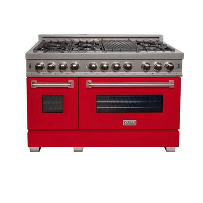 ZLINE 48" Kitchen Package with DuraSnow® Stainless Steel Dual Fuel Range with Red Matte Door and Convertible Vent Range Hood