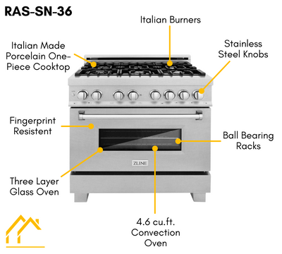 ZLINE 36" Kitchen Package with DuraSnow® Stainless Steel Dual Fuel Range and Convertible Vent Range Hood