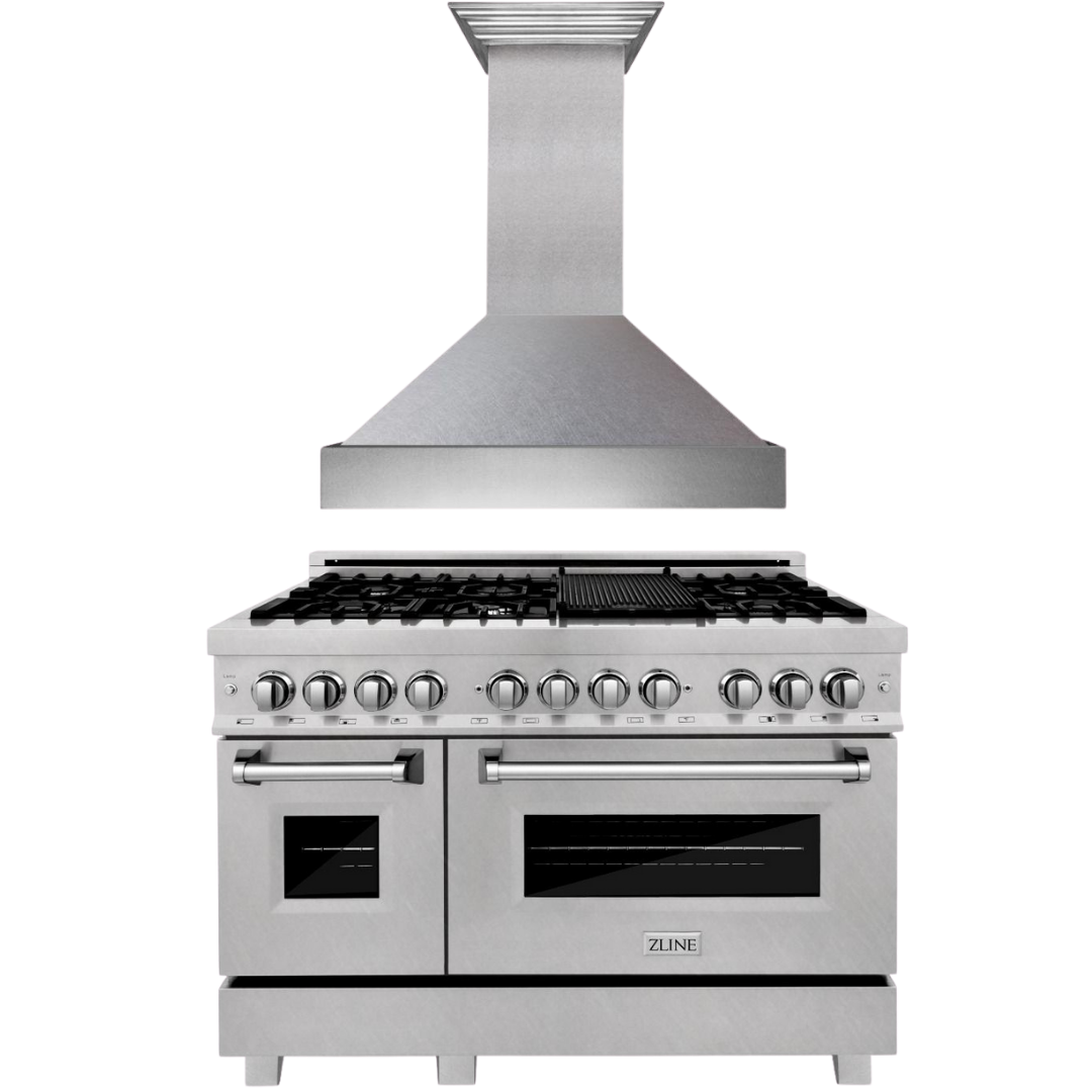 ZLINE 48" Kitchen Package with DuraSnow® Stainless Steel Dual Fuel Range and Convertible Vent Range Hood