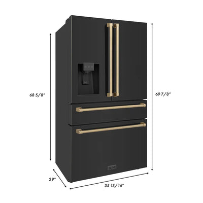 ZLINE 36" Autograph Edition 21.6 cu. ft Freestanding French Door Refrigerator with Water and Ice Dispenser in Fingerprint Resistant Black Stainless Steel with Accents (RFMZ-W-36-BS-CB)