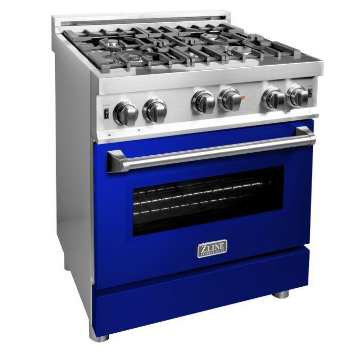 ZLINE 30" Kitchen Package with Stainless Steel Gas Range with Blue Gloss Door and Convertible Vent Range Hood