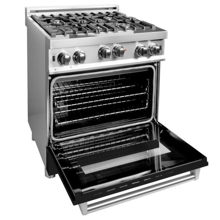 ZLINE 30" Kitchen Package with Stainless Steel Gas Range with Black Matte Door and Convertible Vent Range Hood