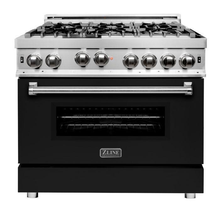 ZLINE 36" Kitchen Package with Stainless Steel Gas Range with Black Matte Door and Convertible Vent Range Hood