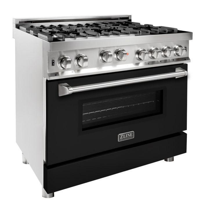 ZLINE 36" Kitchen Package with Stainless Steel Gas Range with Black Matte Door and Convertible Vent Range Hood