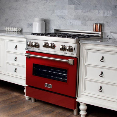 ZLINE 30" Kitchen Package with Stainless Steel Gas Range with Red Gloss Door and Convertible Vent Range Hood