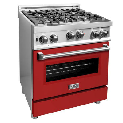 ZLINE 30" Kitchen Package with Stainless Steel Gas Range with Red Matte Door and Convertible Vent Range Hood
