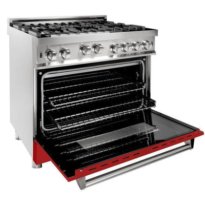 ZLINE 36" Kitchen Package with Stainless Steel Gas Range with Red Matte Door and Convertible Vent Range Hood