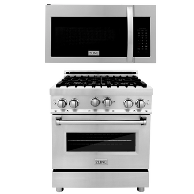 ZLINE 30" Kitchen Package with Stainless Steel Dual Fuel Range and Over The Range Microwave with Modern Handle