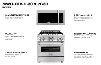 ZLINE 30" Kitchen Package Stainless Steel Gas Range and Over The Range Microwave with Traditional Handle
