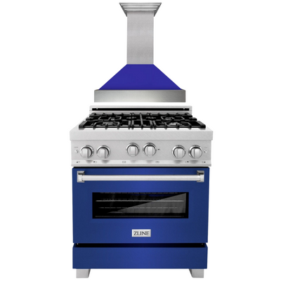 ZLINE 30" Kitchen Package with DuraSnow® Stainless Steel Gas Range with Blue Matte Door and Convertible Vent Range Hood