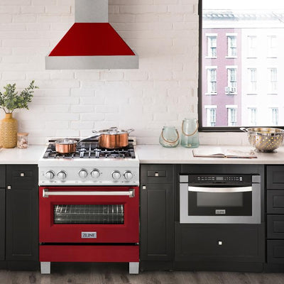 ZLINE 30" Kitchen Package with DuraSnow® Stainless Steel Gas Range with Red Gloss Door and Convertible Vent Range Hood