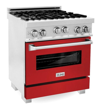 ZLINE 30" Kitchen Package with DuraSnow® Stainless Steel Gas Range with Red Matte Door and Convertible Vent Range Hood