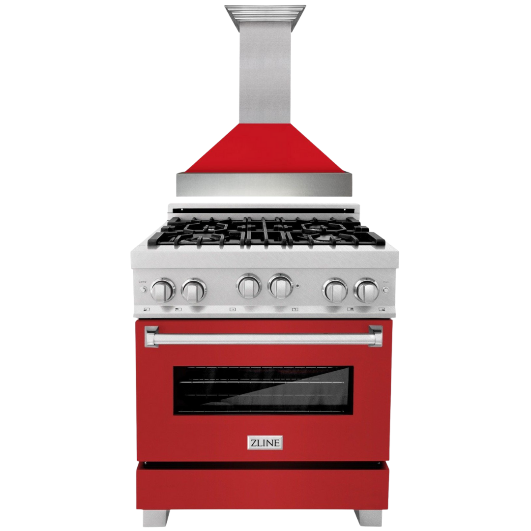 ZLINE 30" Kitchen Package with DuraSnow® Stainless Steel Gas Range with Red Matte Door and Convertible Vent Range Hood