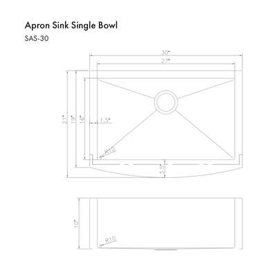 ZLINE 30" Zermatt Farmhouse Apron Mount Single Bowl DuraSnow® Stainless Steel Kitchen Sink with Bottom Grid (SAS-30S)